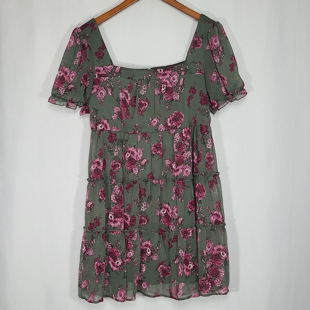 Trixxi Clothing Co Tiered Ruffle Cap Sleeve Dress Green Pink‎ Roses Large
